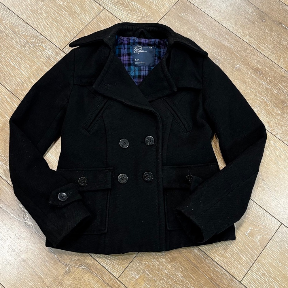 American Eagle Outfitters Womens Black Wool Blend Pea Coat Plaid Lining Small